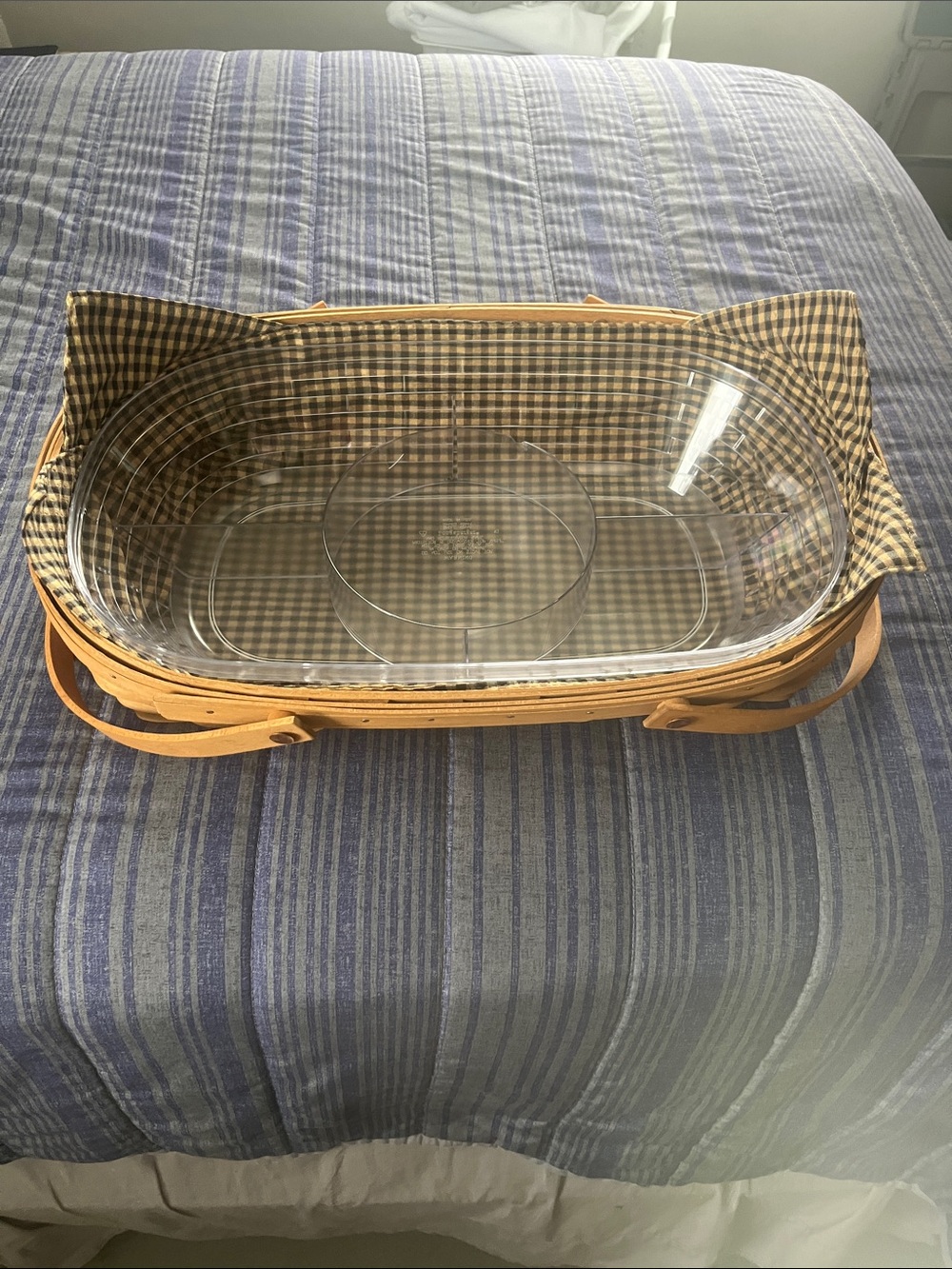 Longaberger Natural Wicker Basket with Clear Glass Insert and Brown Plaid Liner